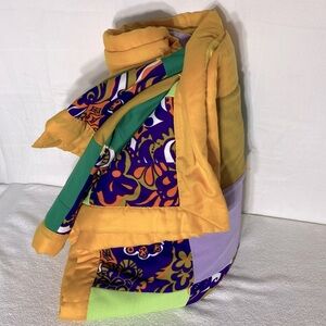 Vintage 70s Handmade Purple Green Yellow Patchwork Quilt